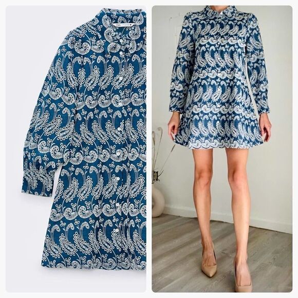Zara Dresses & Skirts - Zara Openwork Embroidery Dress Blue Cotton
